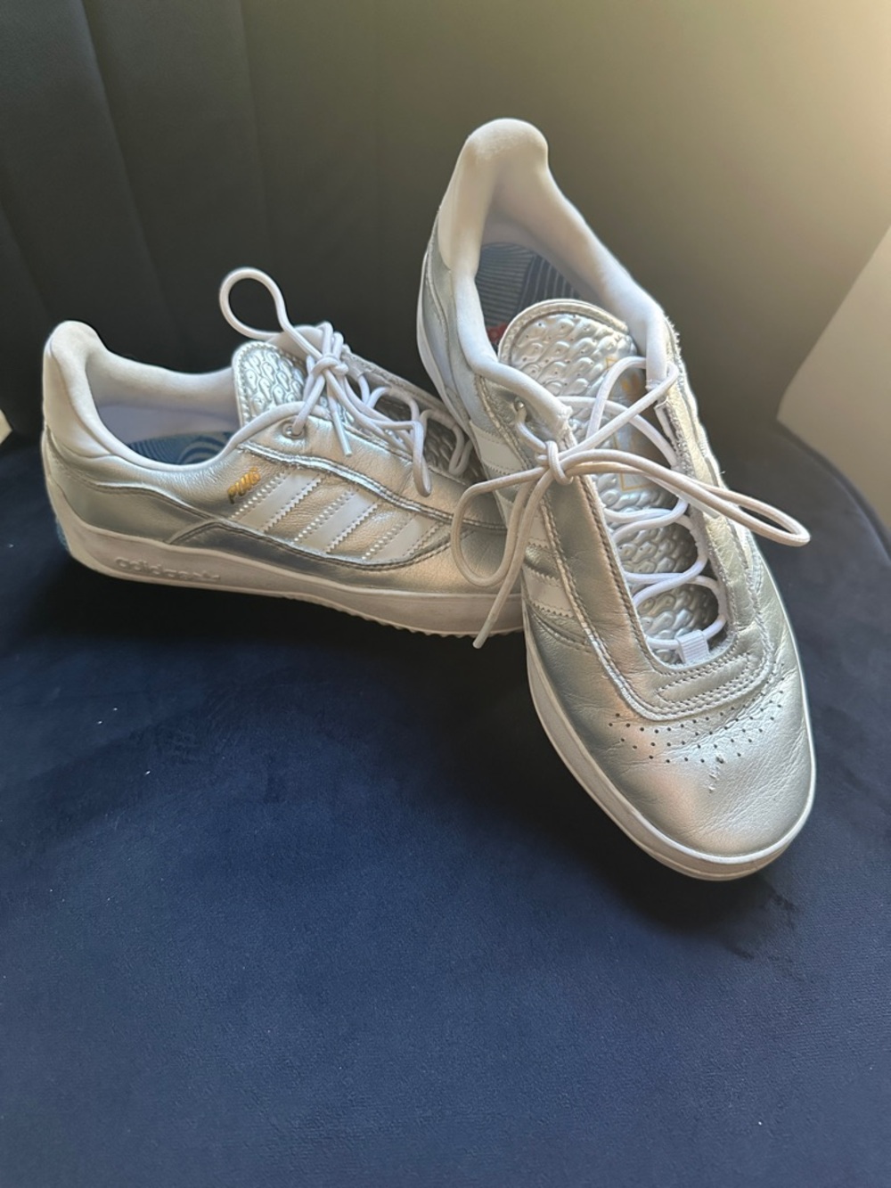 adidas Puig  Silver and White Low-Top Sneakers with Red-Striped Tongue Lining